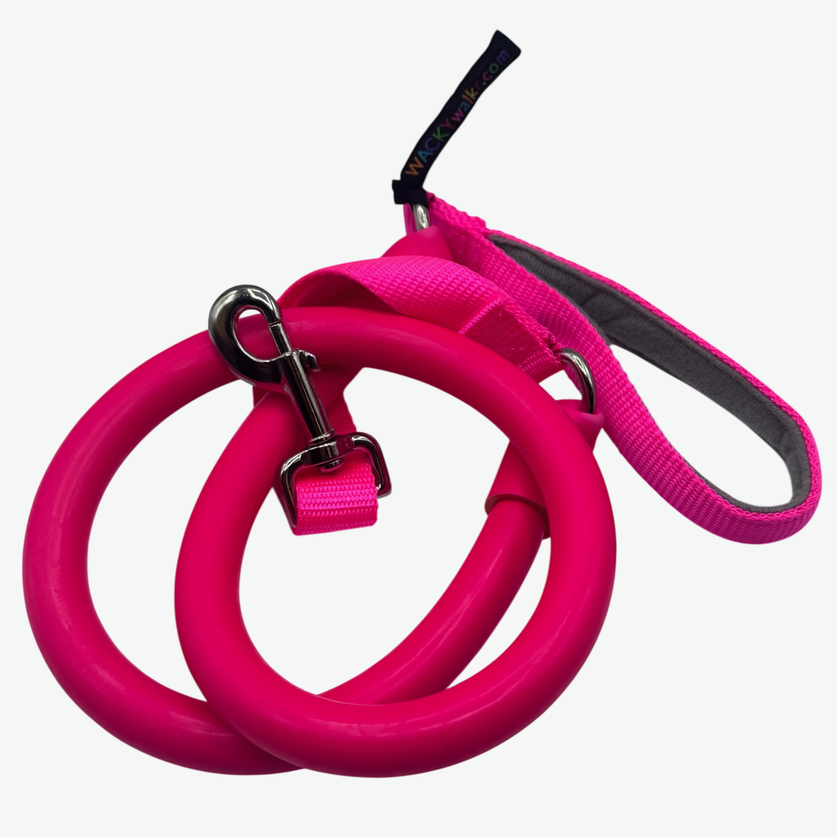 Pink coiled stretch dog leash with a padded handle