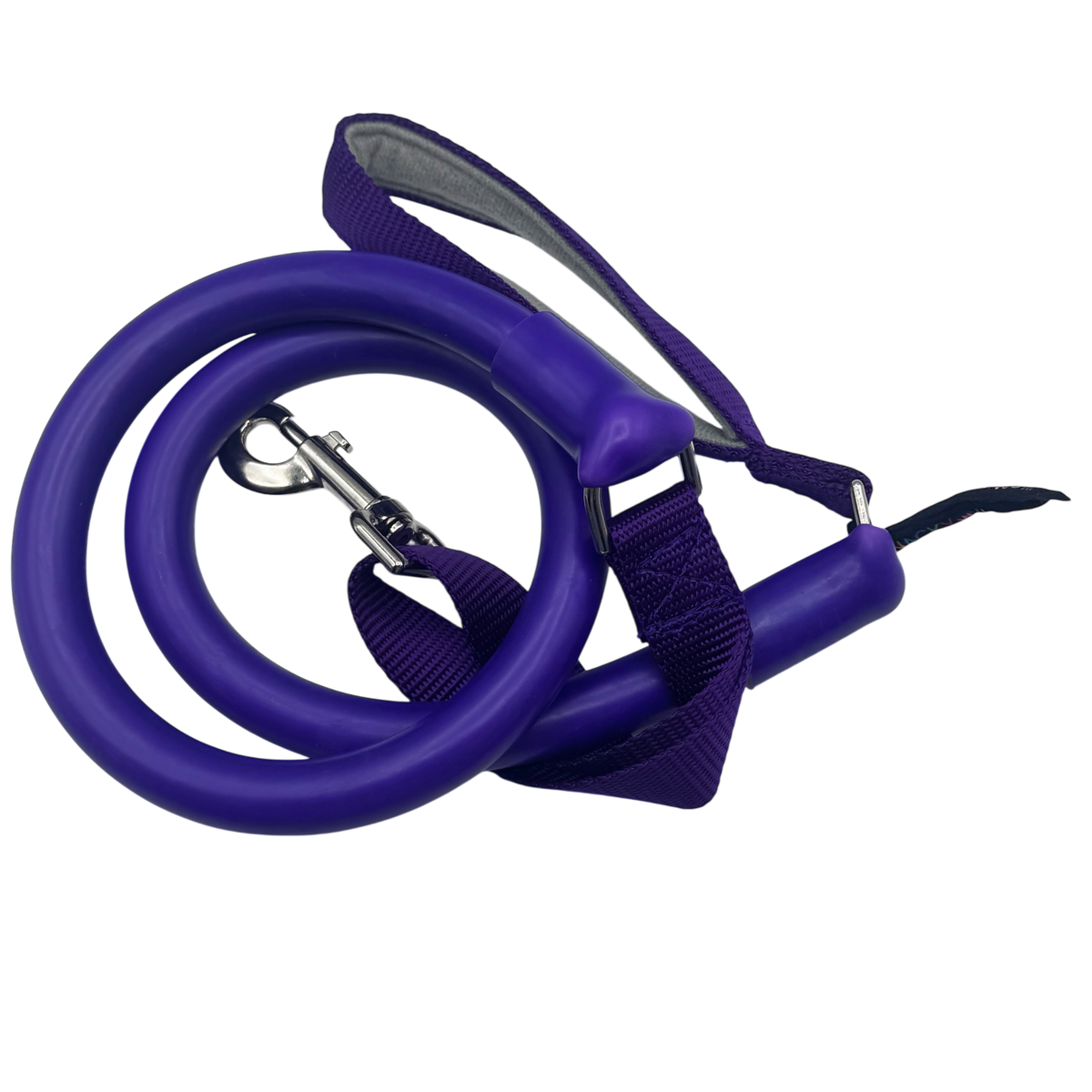 Purple coiled stretch dog leash with a padded handle