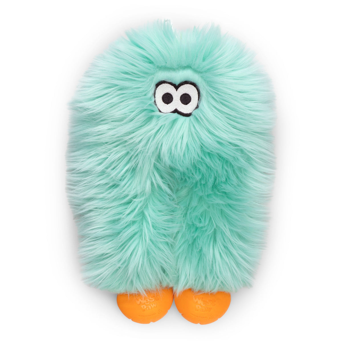 Mint shaggy plush dog toy with googly eyes and orange ball feet