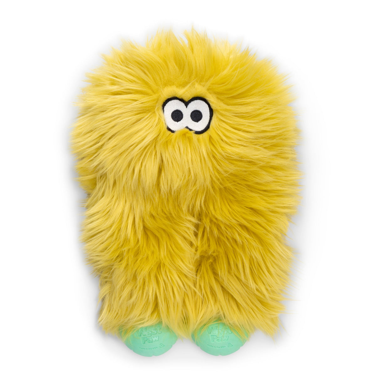 Olive shaggy plush dog toy with googly eyes and mint ball feet