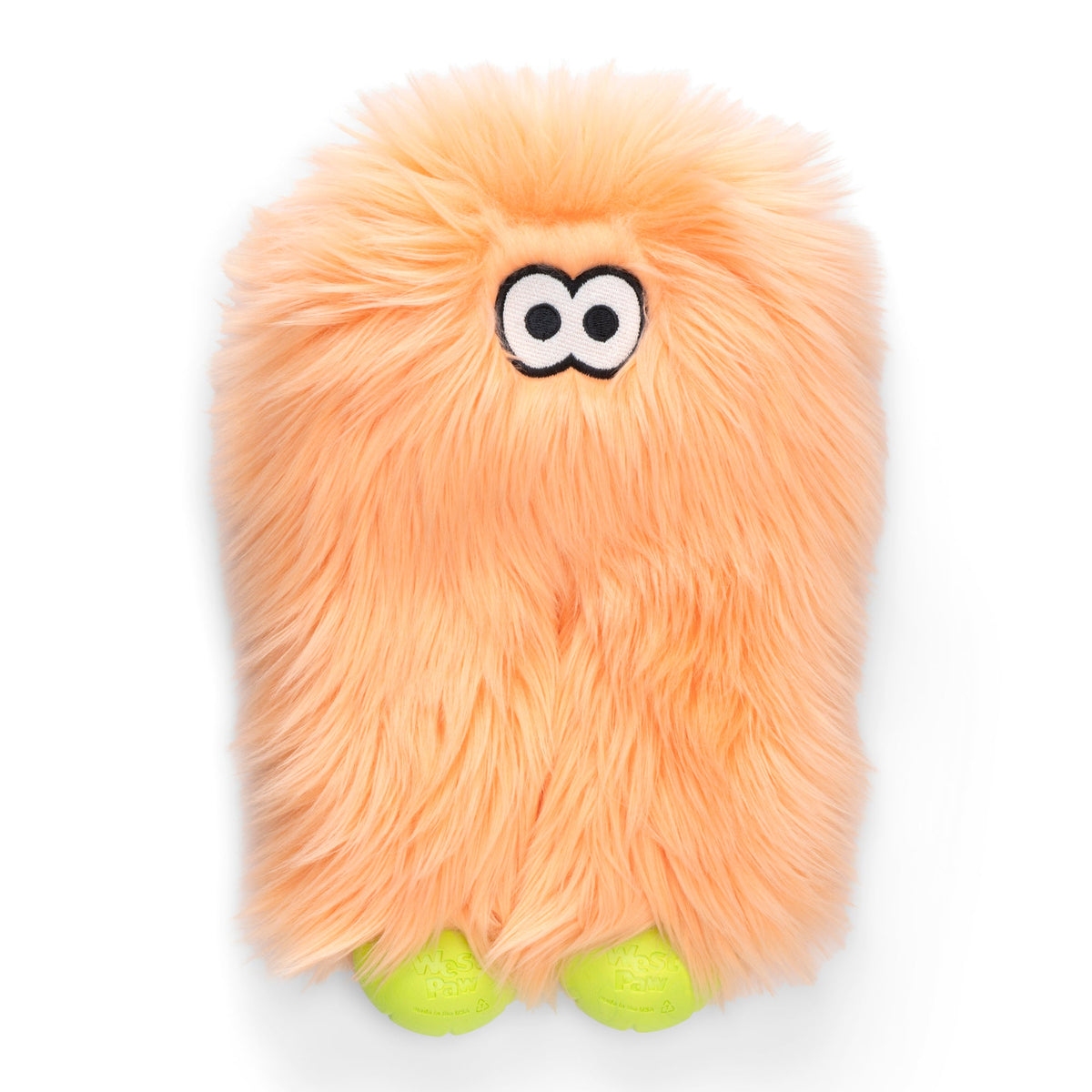 Peach shaggy plush dog toy with googly eyes and green ball feet