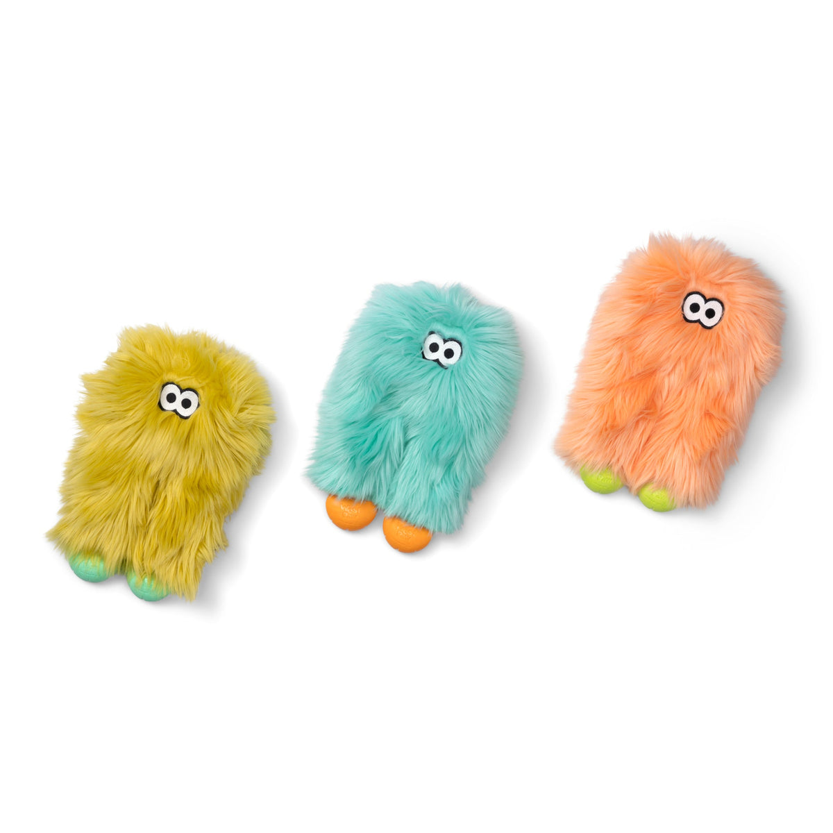 Three shaggy plush dog toys in olive, mint and peach