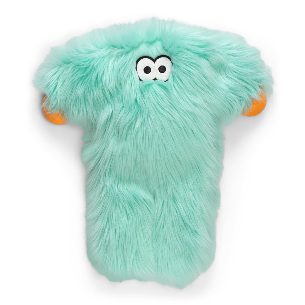 Mint long-legged shaggy plush dog toy with googly eyes