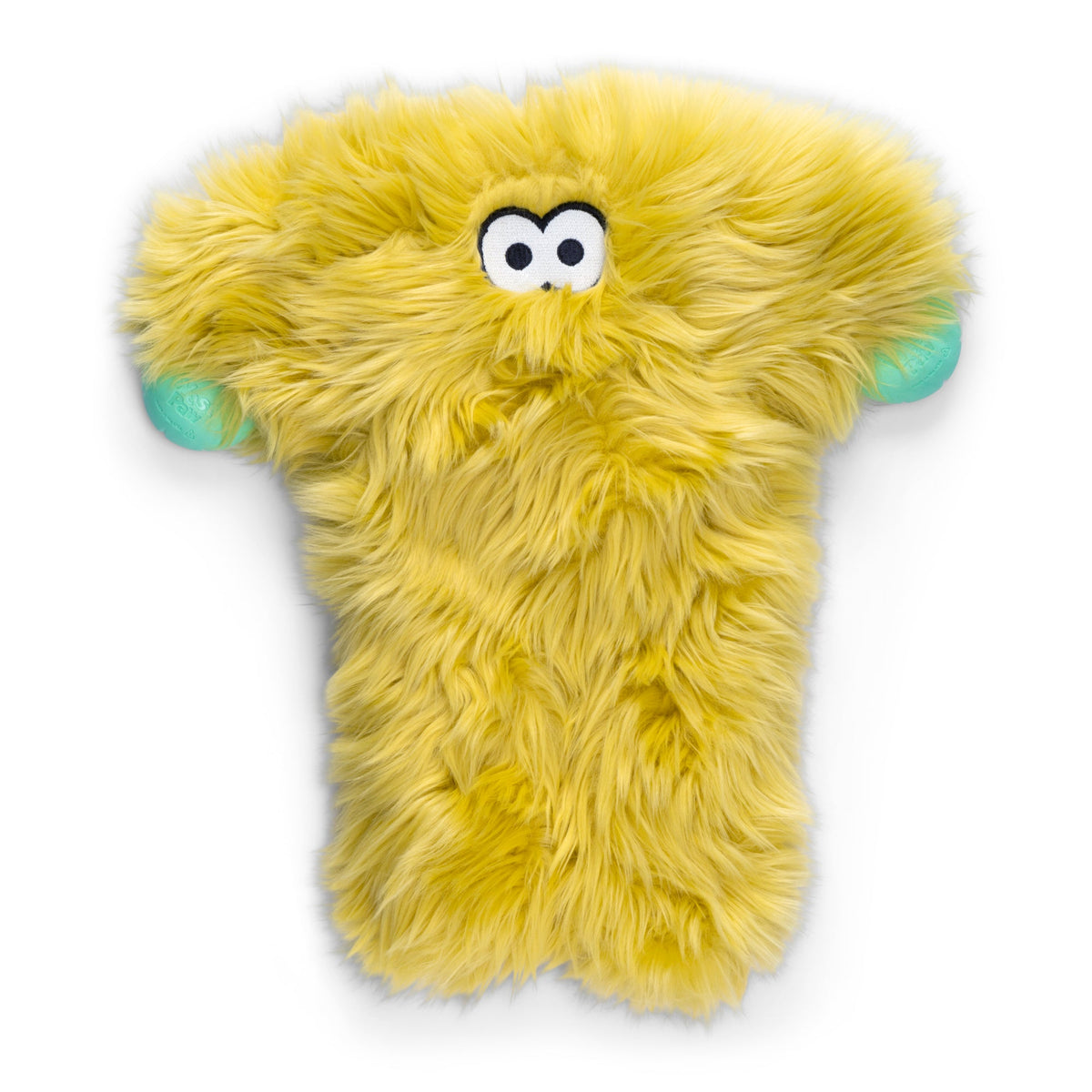 Olive long-legged shaggy plush dog toy with googly eyes