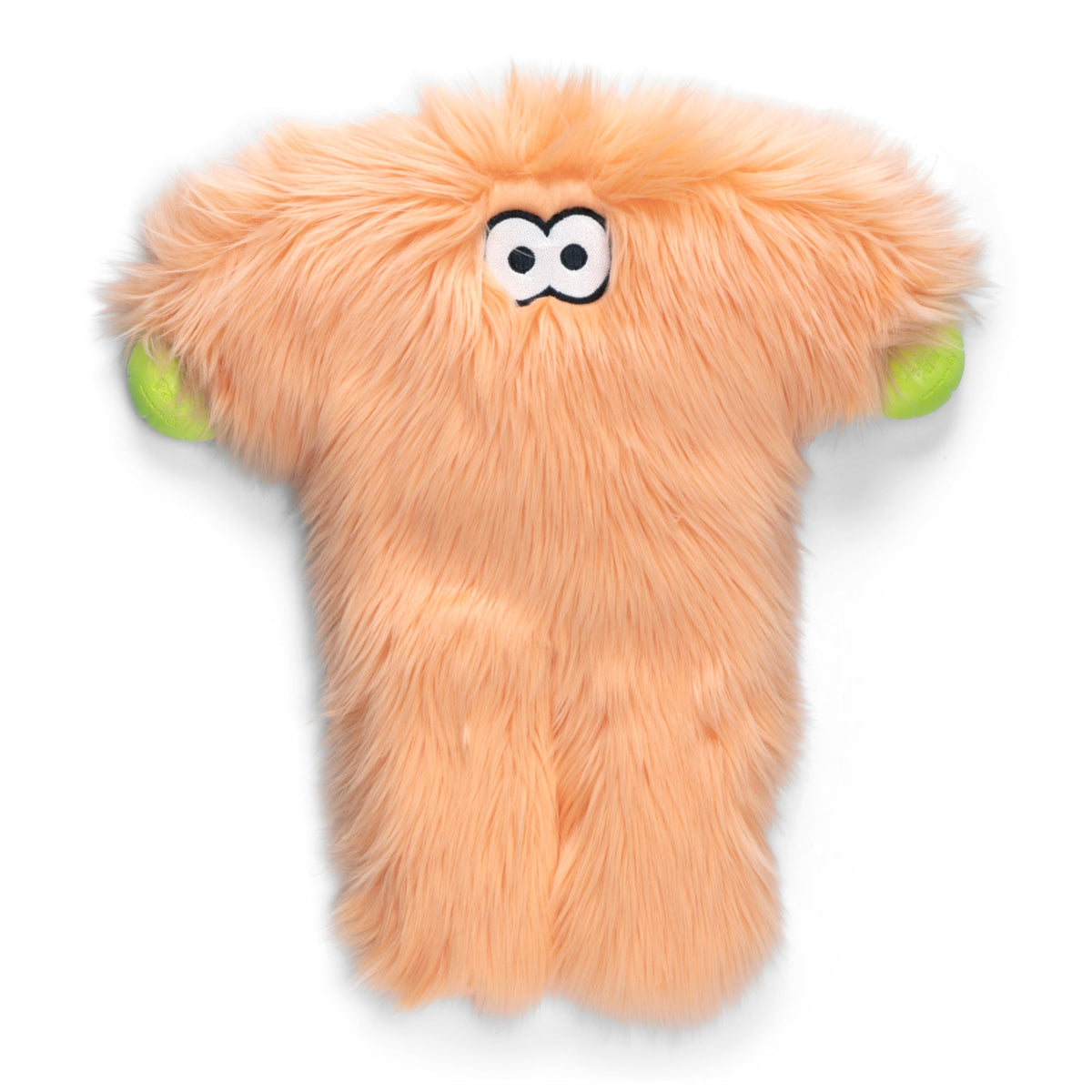 Peach shaggy plush dog toy with googly eyes and long legs
