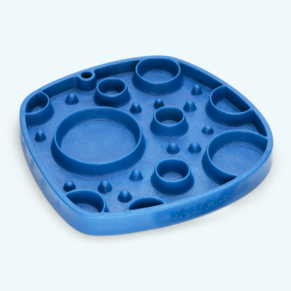 Blue rubber feeding mat with round wells and raised dots