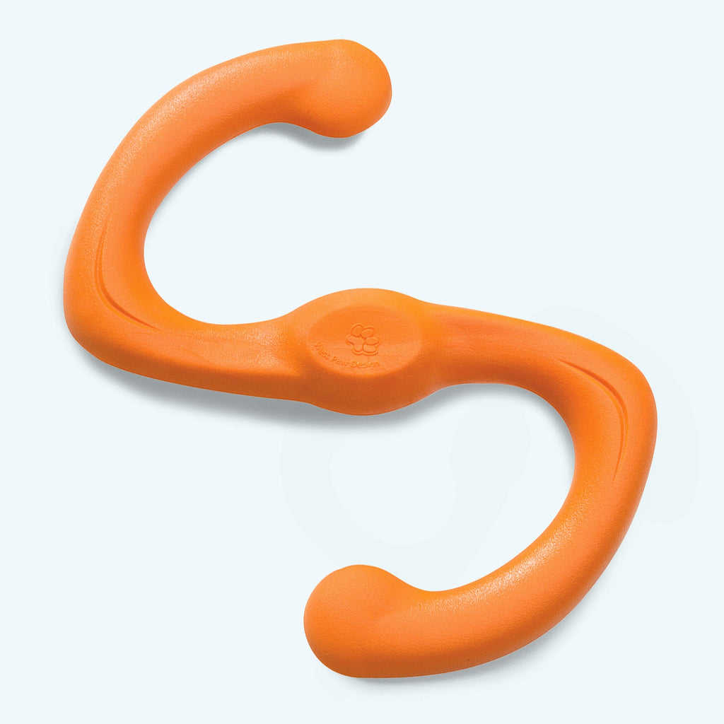 Orange S-shaped stretchy rubber tug toy for dogs