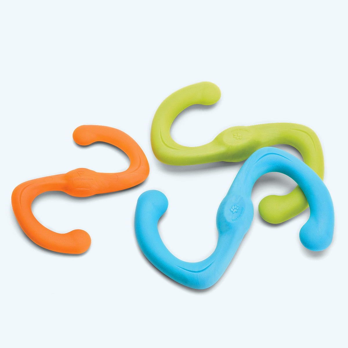 S-shaped stretchy tug toys in orange, lime and blue