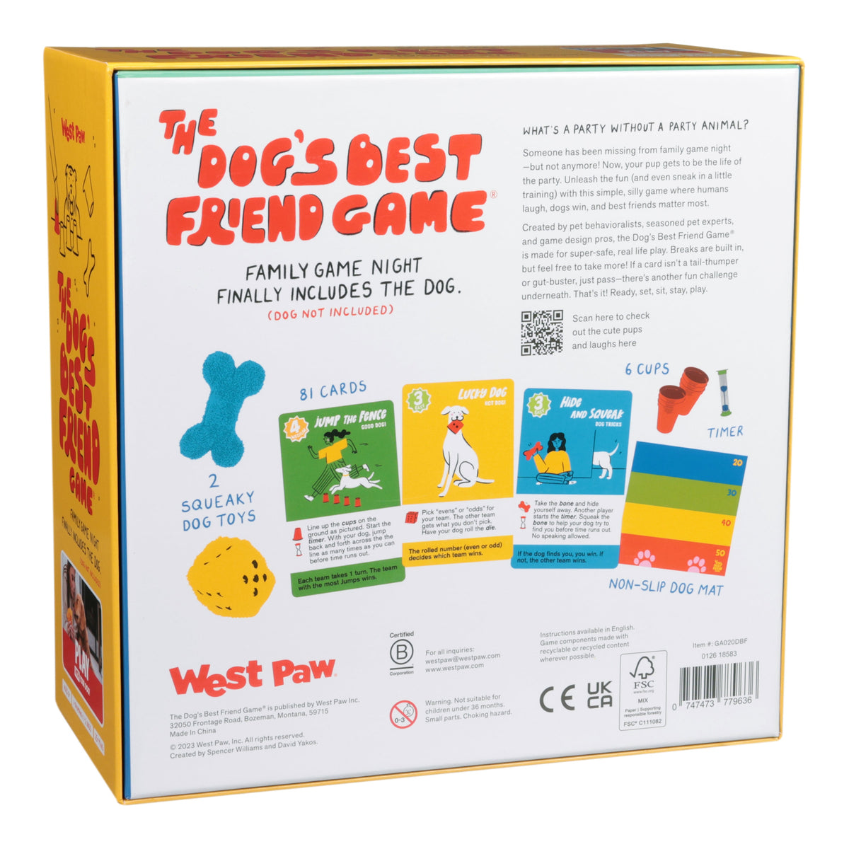 Back of the box showing 81 cards, 2 squeaky dog toys, 6 cups, a timer and a non-slip dog mat