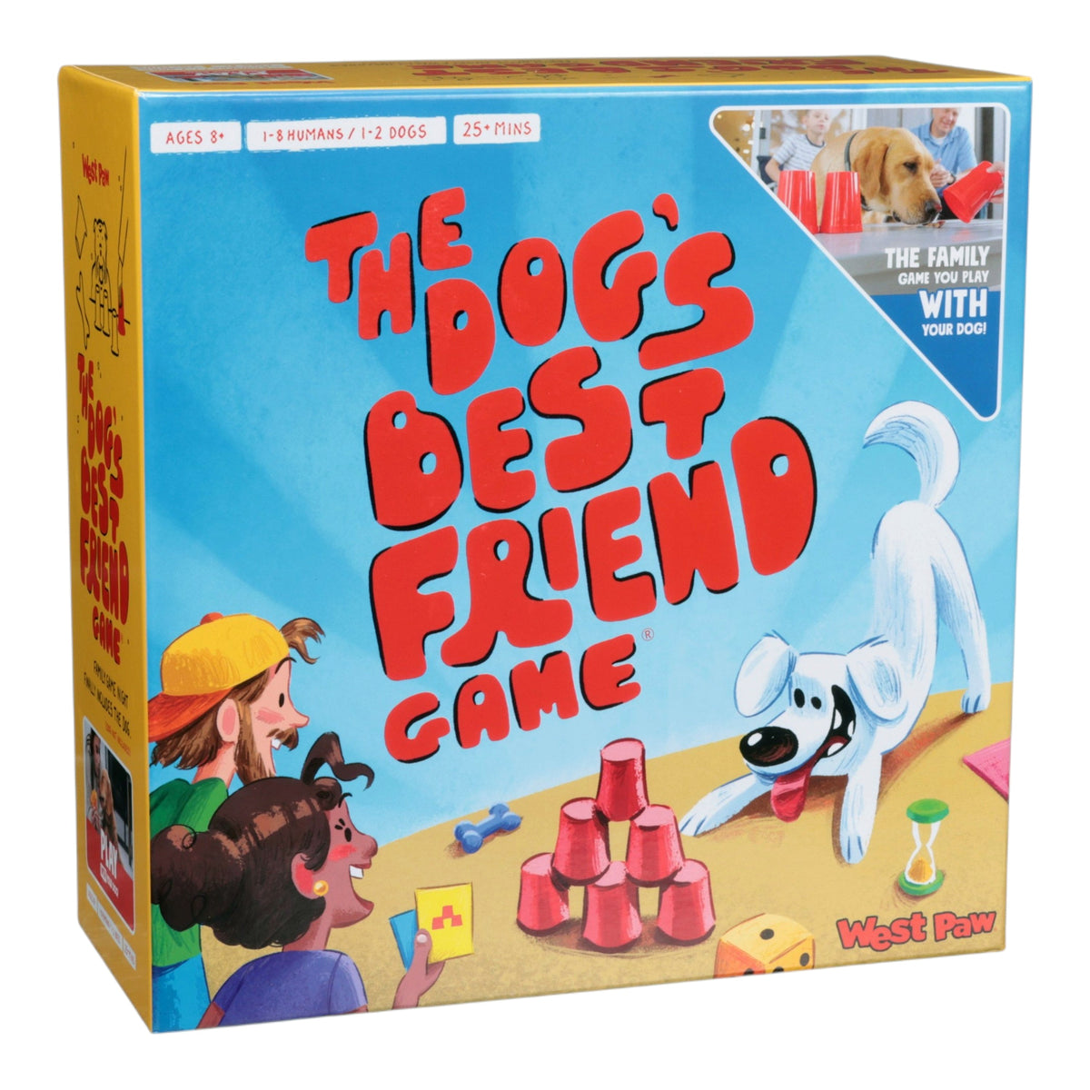 Box of The Dog's Best Friend Game by West Paw, with a family, a white dog and stacked red cups on the cover