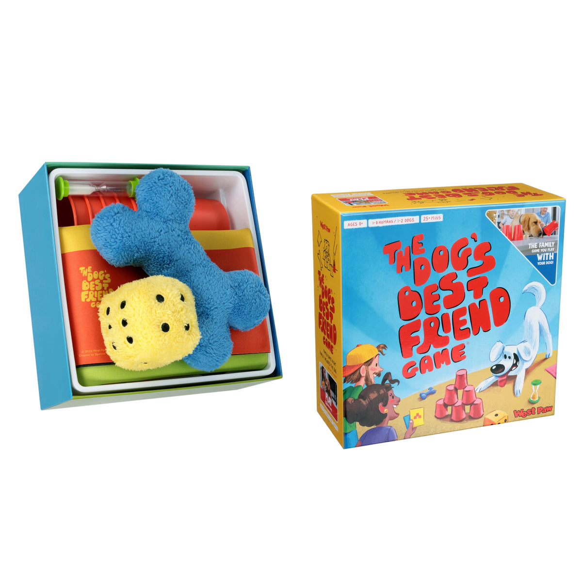 The open game box with the plush bone and die inside, next to the closed box