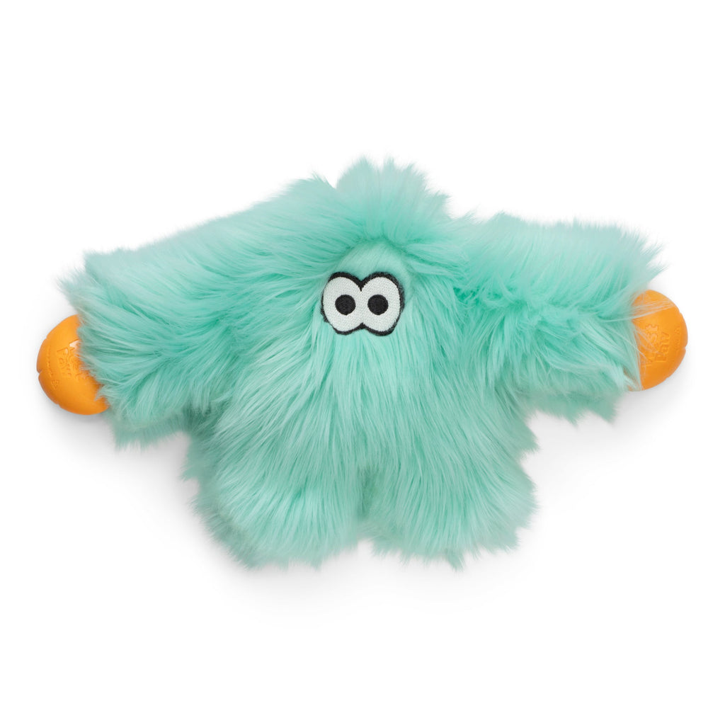 Mint shaggy plush dog toy with googly eyes and orange ball ends