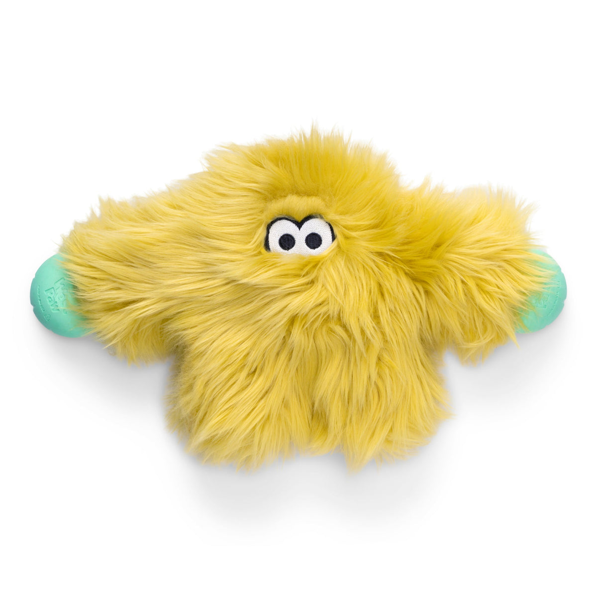 Olive shaggy plush dog toy with googly eyes and mint ball ends