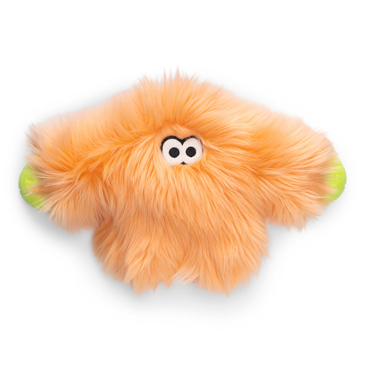 Peach shaggy plush dog toy with googly eyes and green ball ends