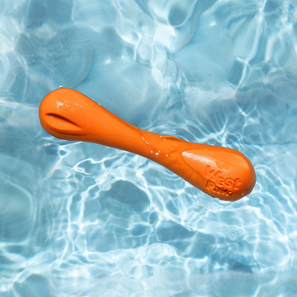 Orange bone-shaped dog toy floating in a pool
