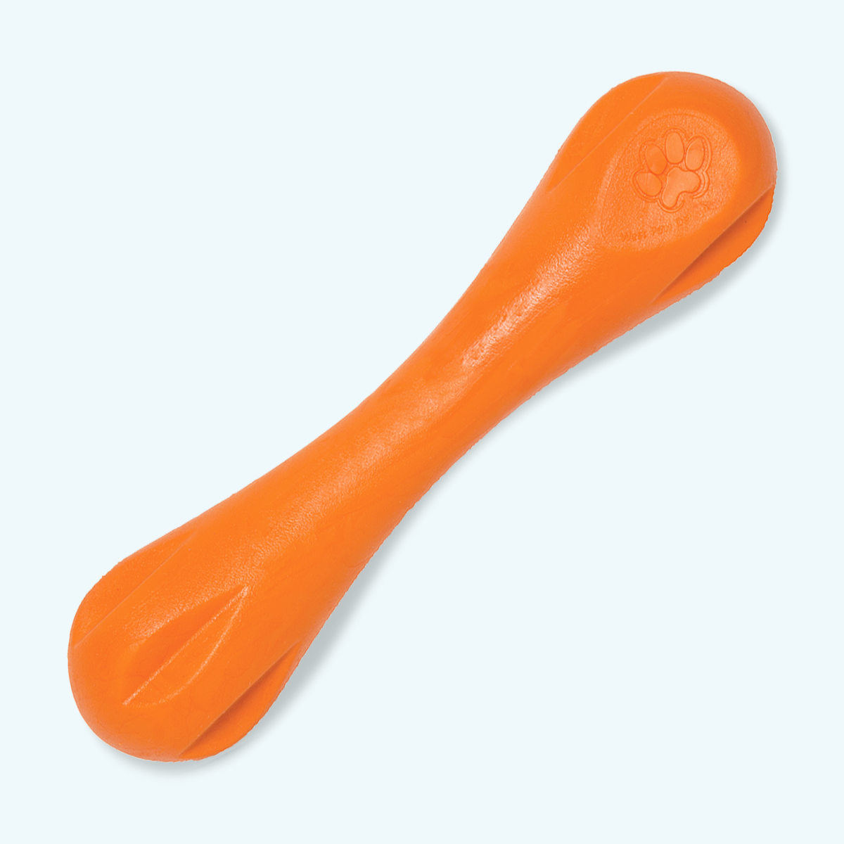 Orange bone-shaped rubber dog chew toy, angled view