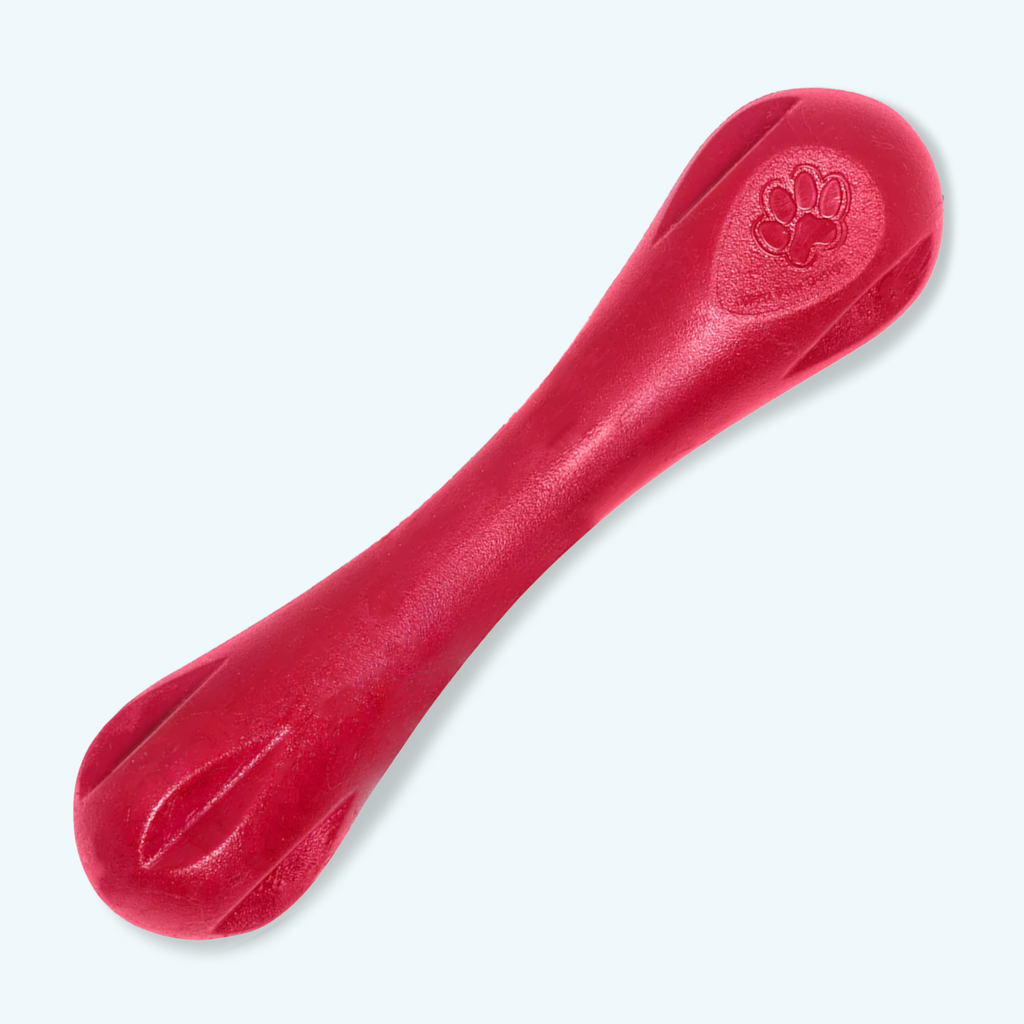 Red bone-shaped rubber dog chew toy, angled view