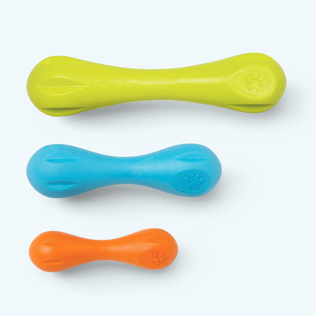 Bone-shaped rubber dog toys in green, blue and orange, three sizes