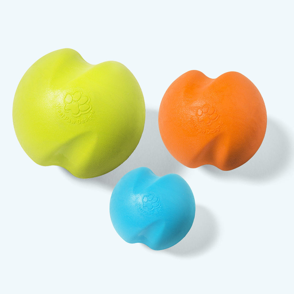 Bouncy rubber ball dog toys in lime, orange and blue