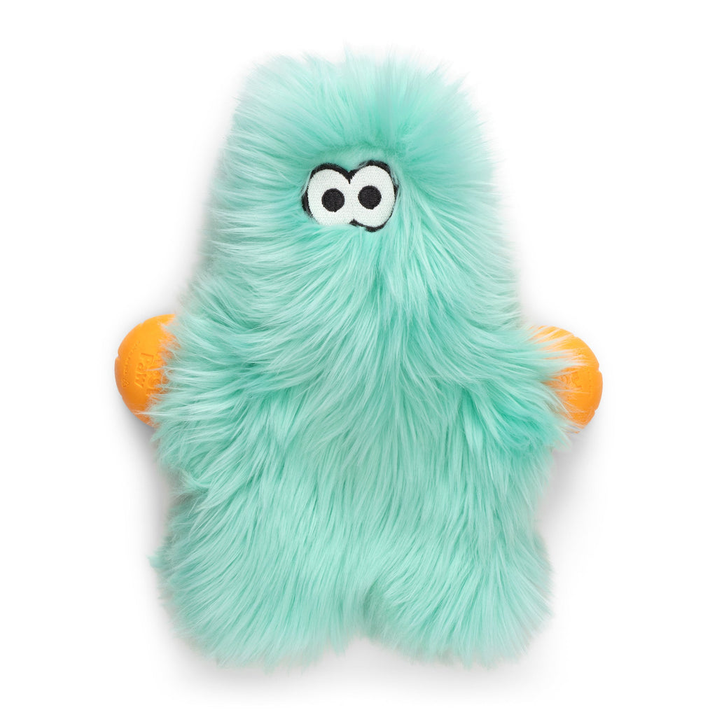 Mint shaggy plush dog toy with googly eyes and orange ball hands