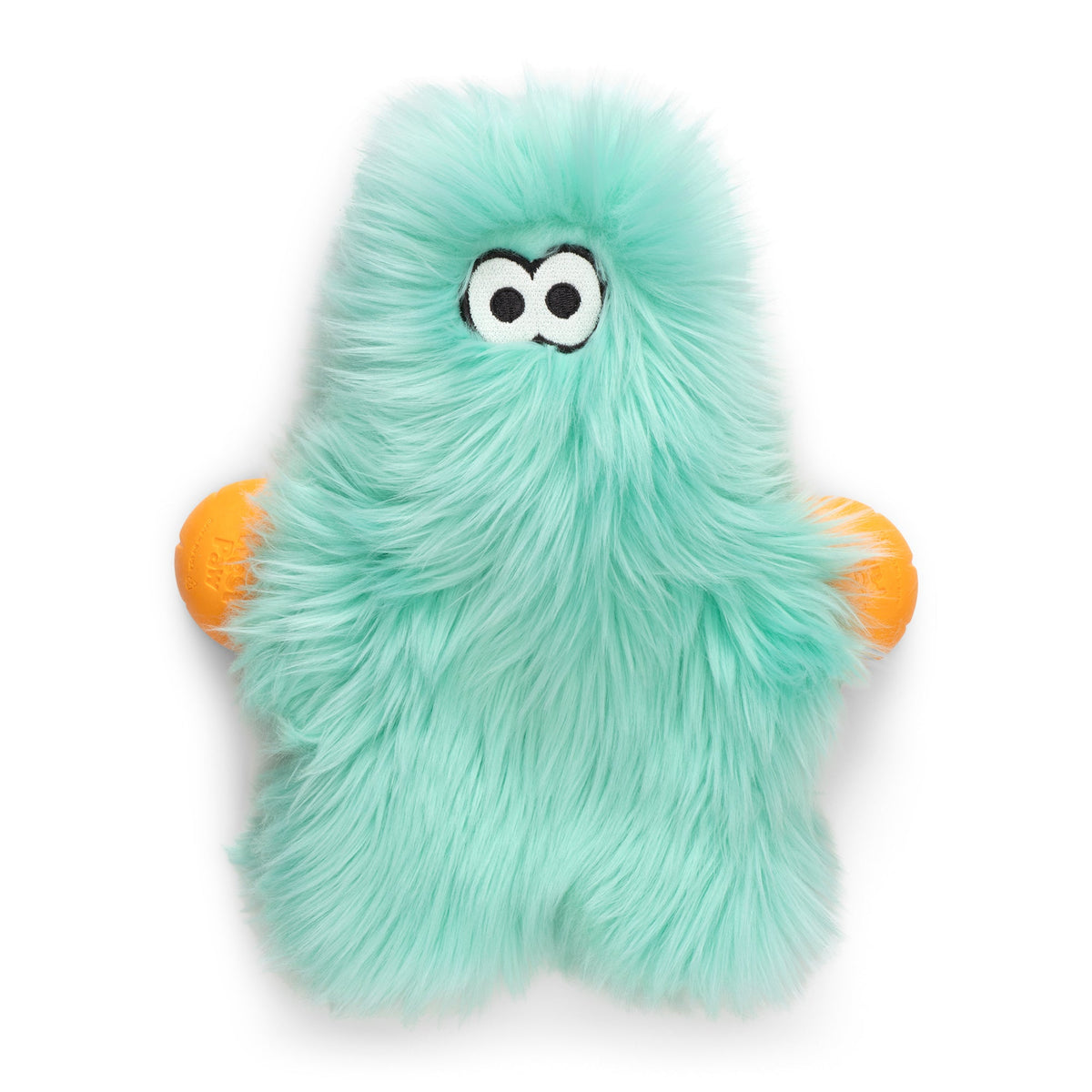 Mint shaggy plush dog toy with googly eyes and orange ball hands