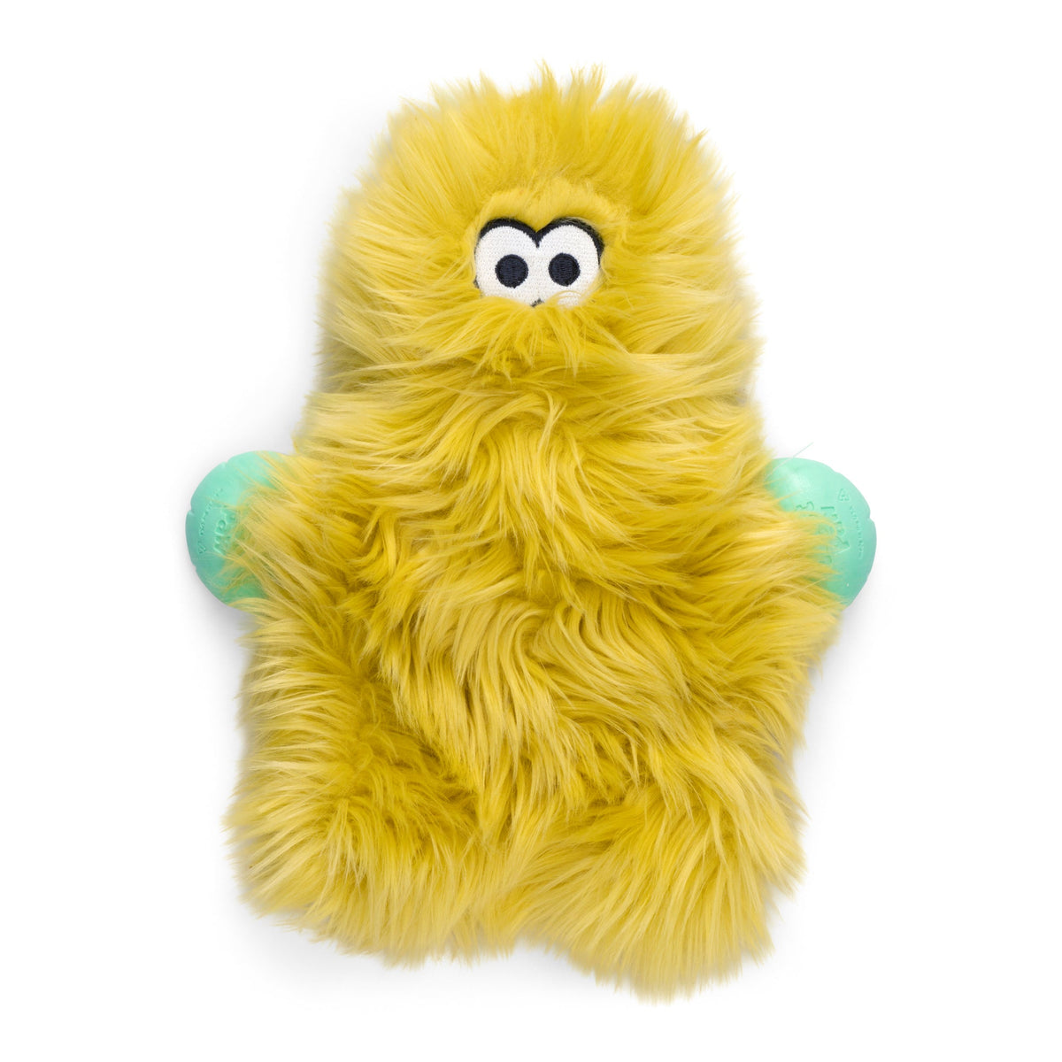 Olive shaggy plush dog toy with googly eyes and mint ball hands