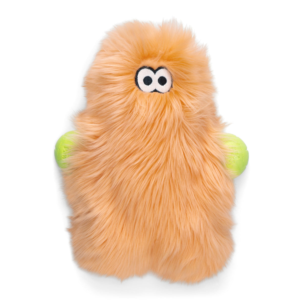 Peach shaggy plush dog toy with googly eyes and green ball hands