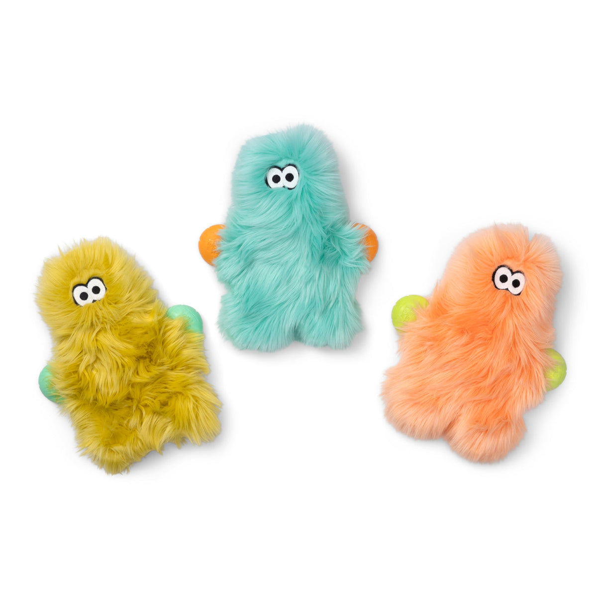 Three shaggy plush dog toys in olive, mint and peach
