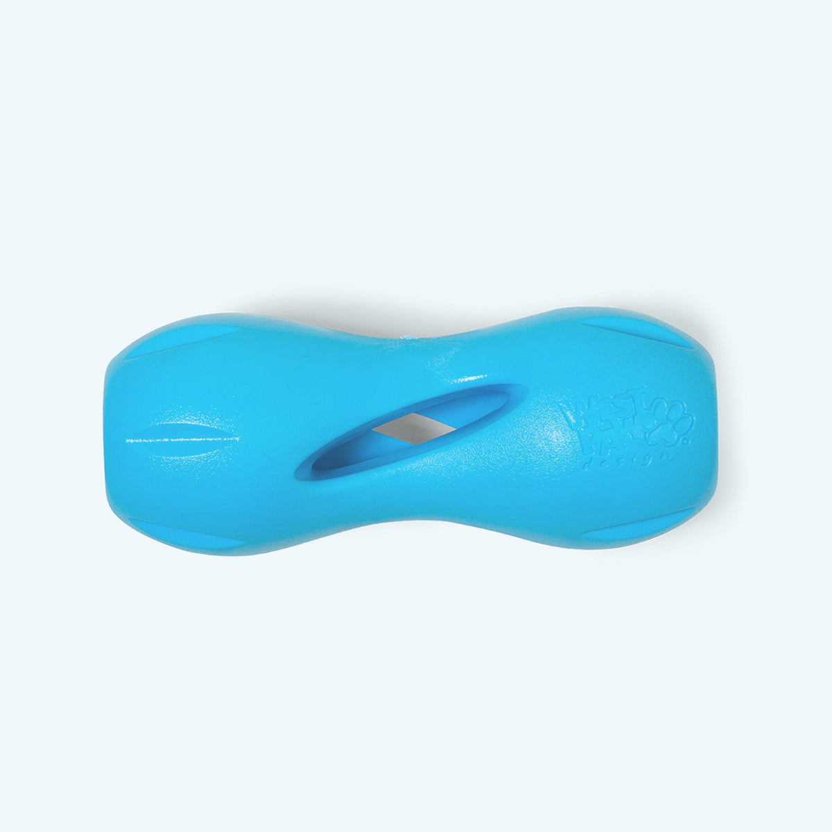 Blue hourglass-shaped rubber treat toy, side view