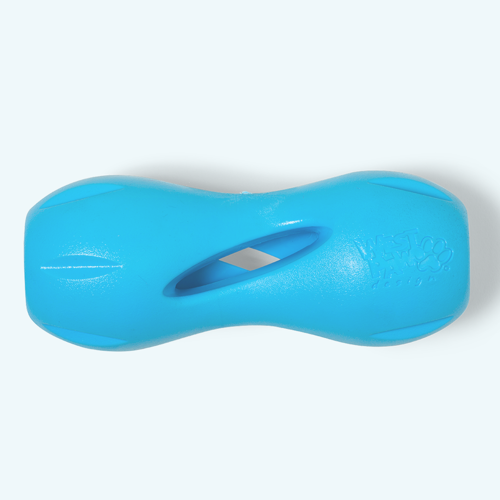 Blue hourglass-shaped rubber treat toy for dogs