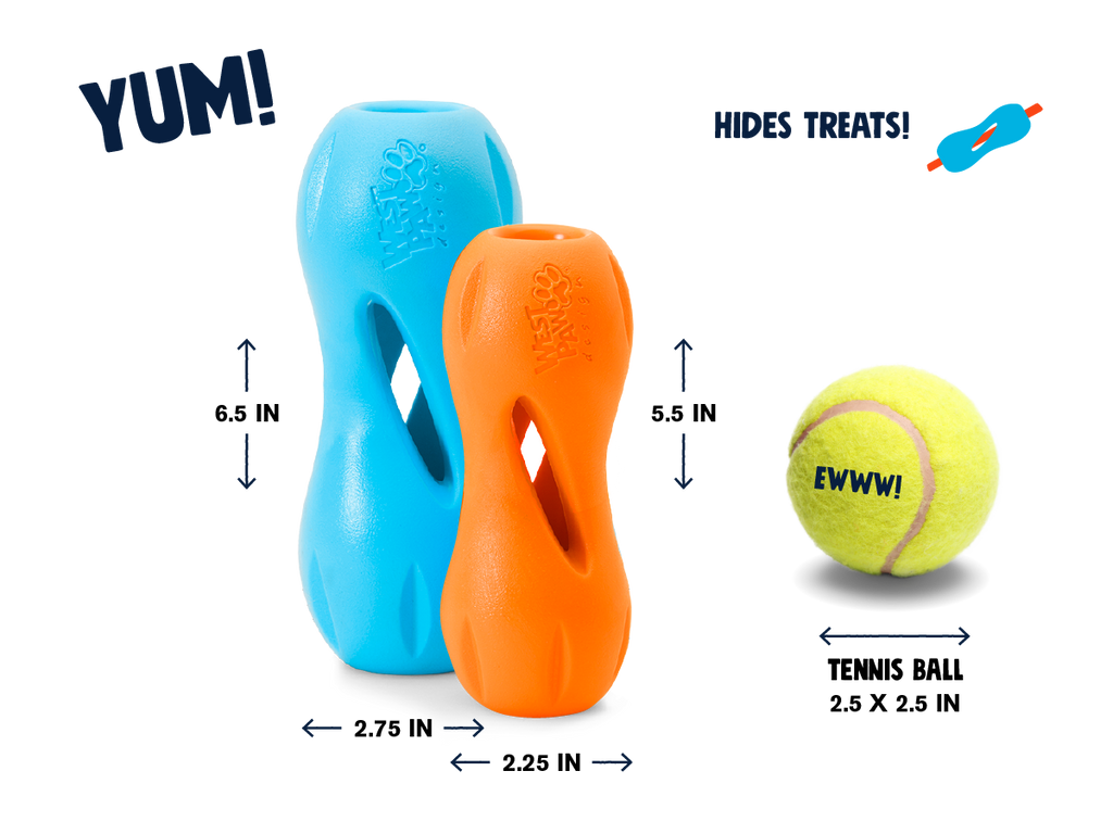 Blue and orange hourglass treat toys shown next to a tennis ball for size
