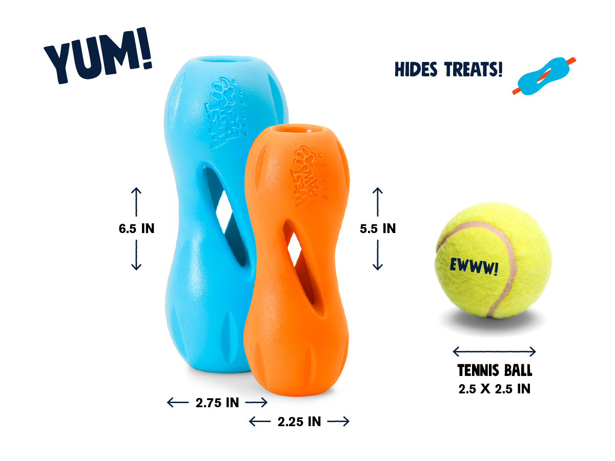 Blue and orange hourglass treat toys shown next to a tennis ball for size
