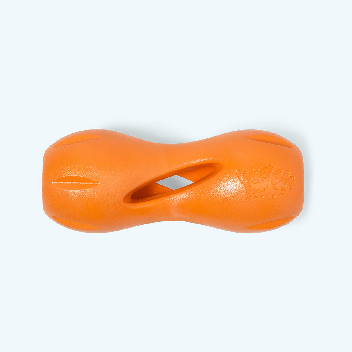 Orange hourglass-shaped rubber treat toy, side view