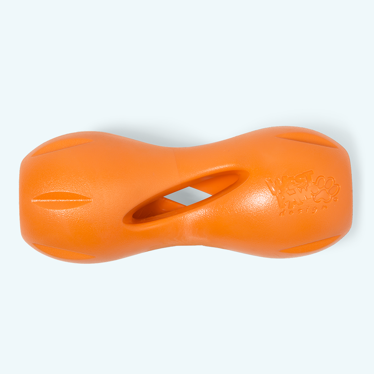 Orange hourglass-shaped rubber treat toy