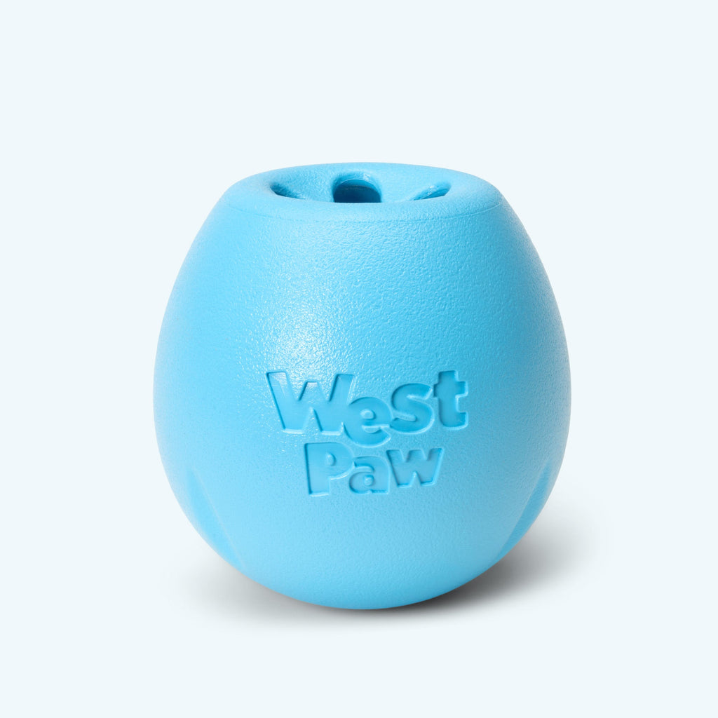 Blue egg-shaped rubber treat toy, front view