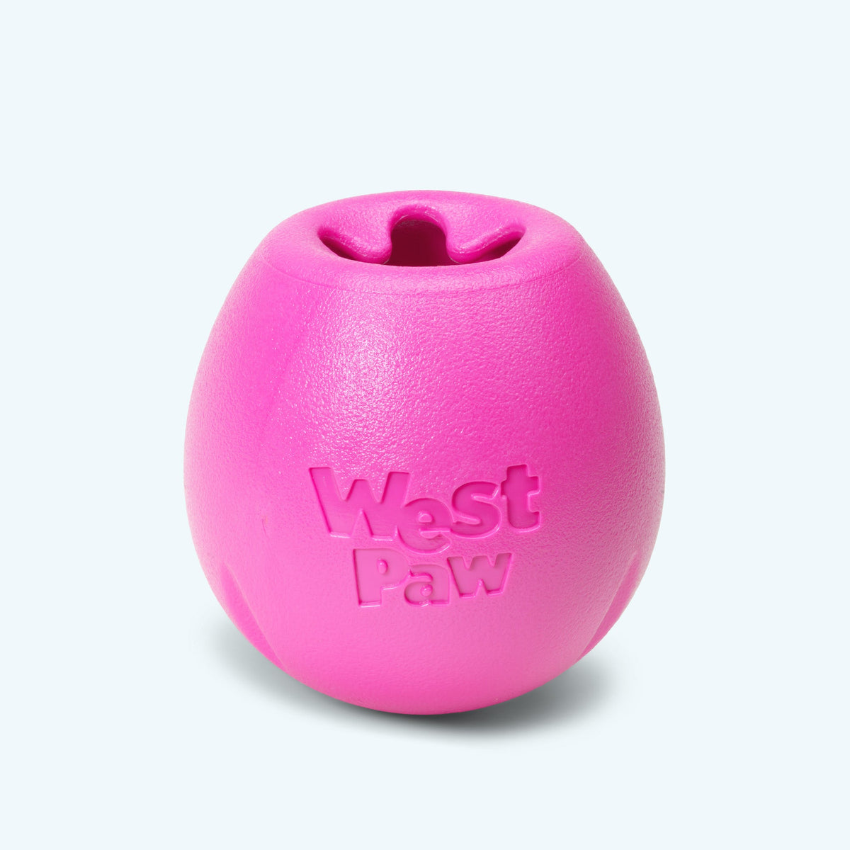 Pink egg-shaped rubber treat toy, front view