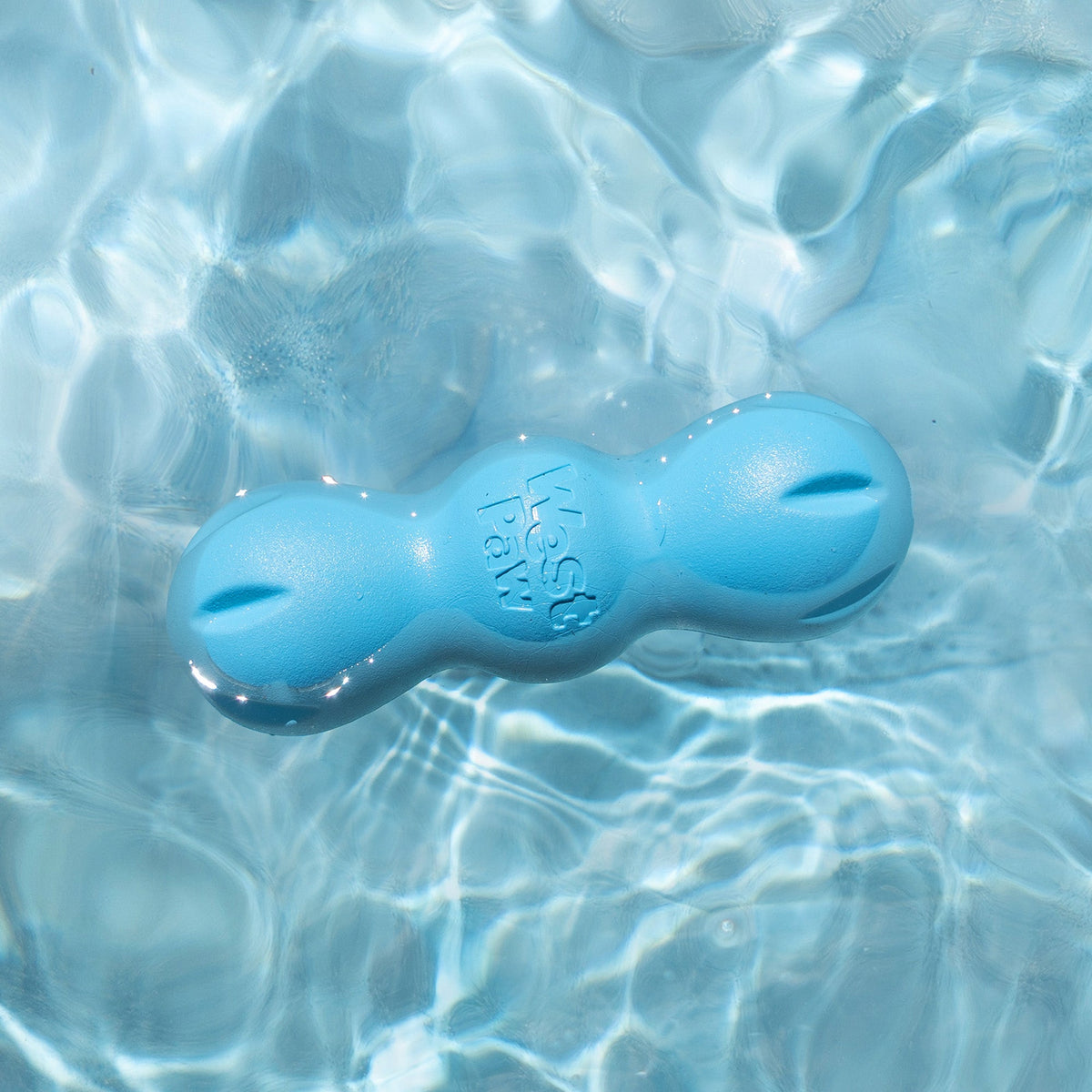 Blue three-lobed chew toy floating in a pool