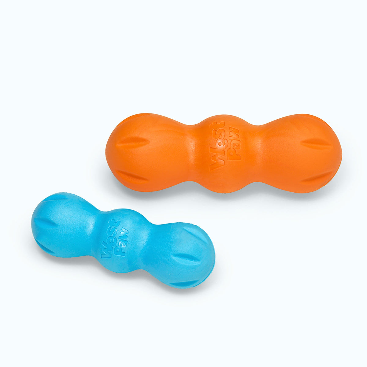 Orange and blue three-lobed rubber chew toys