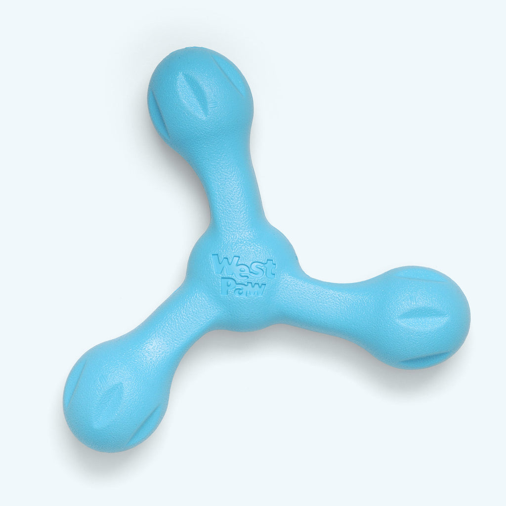 Blue three-armed rubber fetch toy for dogs