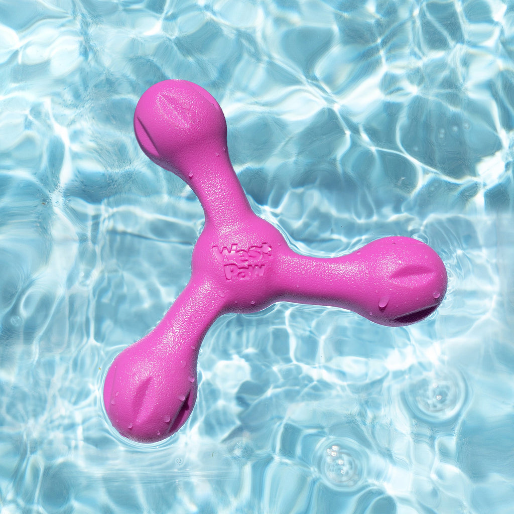 Pink three-armed fetch toy floating in a pool