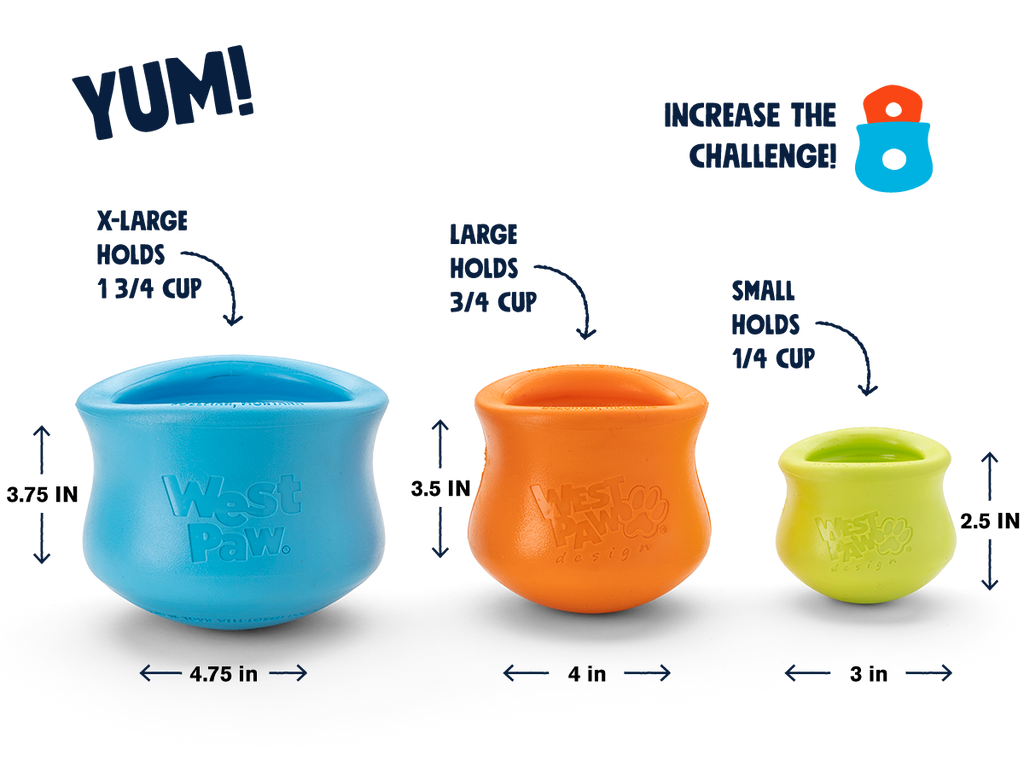 Blue, orange and lime treat toys shown in three sizes