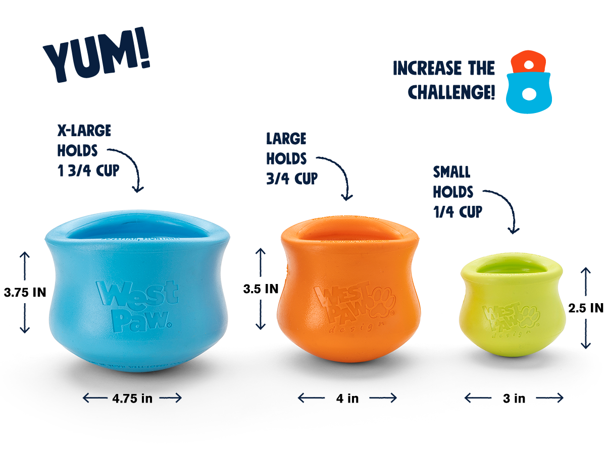 Blue, orange and lime treat toys shown in three sizes
