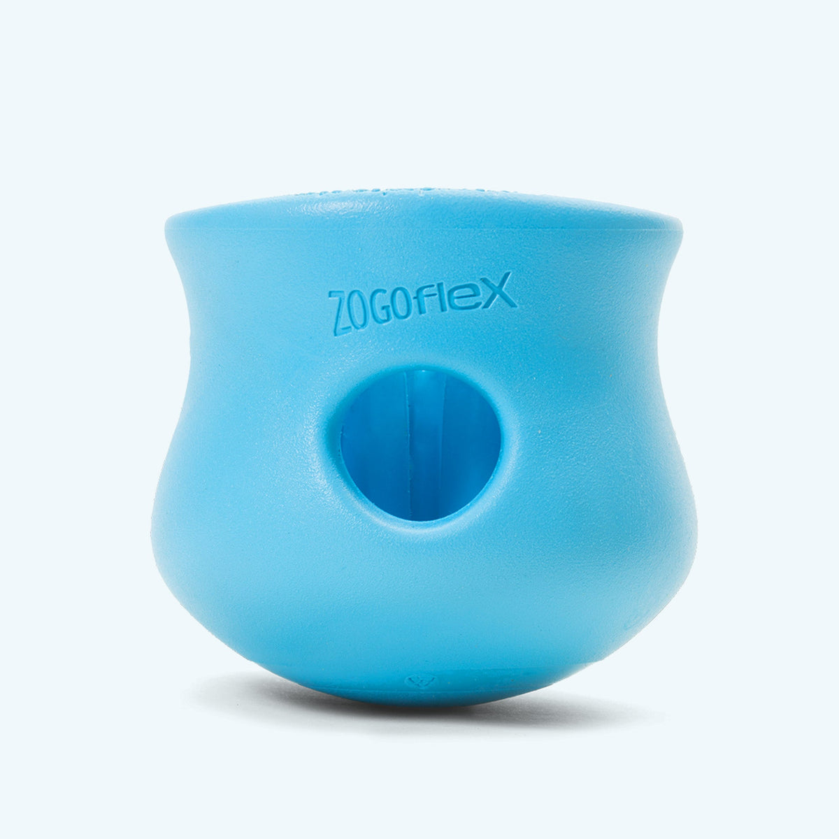 Blue pot-shaped treat toy, side view showing the hole