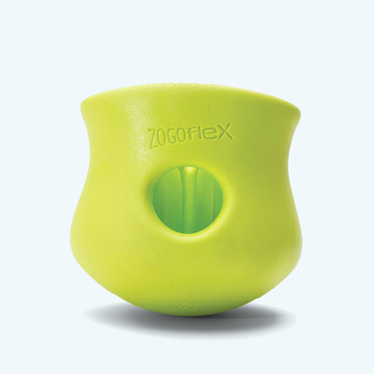 Lime pot-shaped treat toy, side view showing the hole