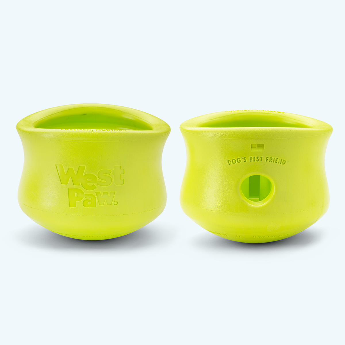 Two lime pot-shaped treat toys, front and side views