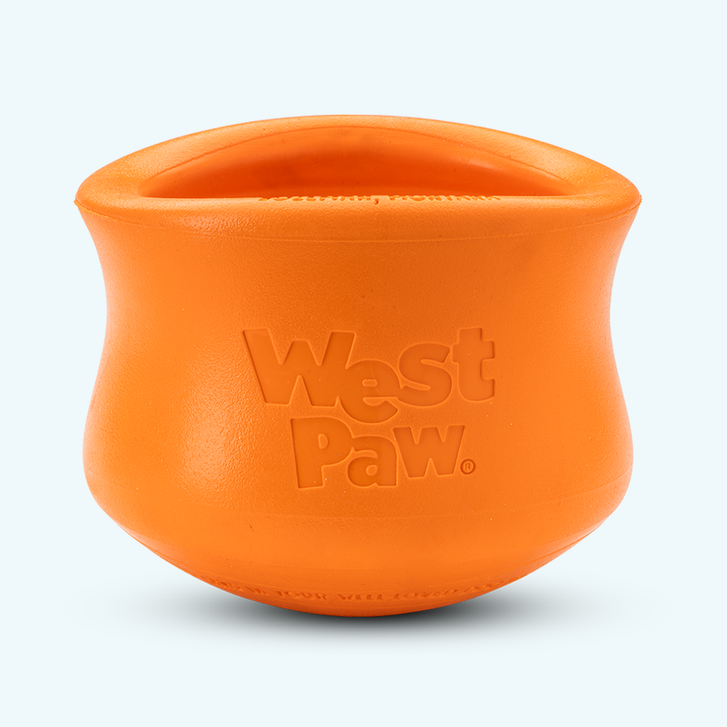 Orange pot-shaped rubber treat toy for dogs