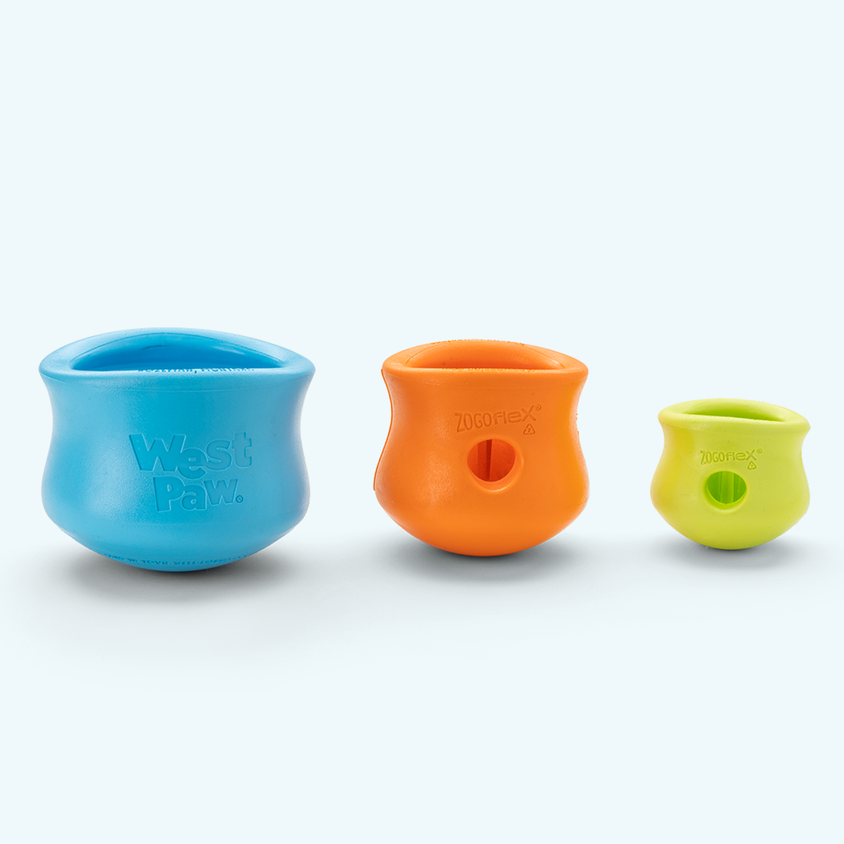 Pot-shaped treat toys in blue, orange and lime, three sizes