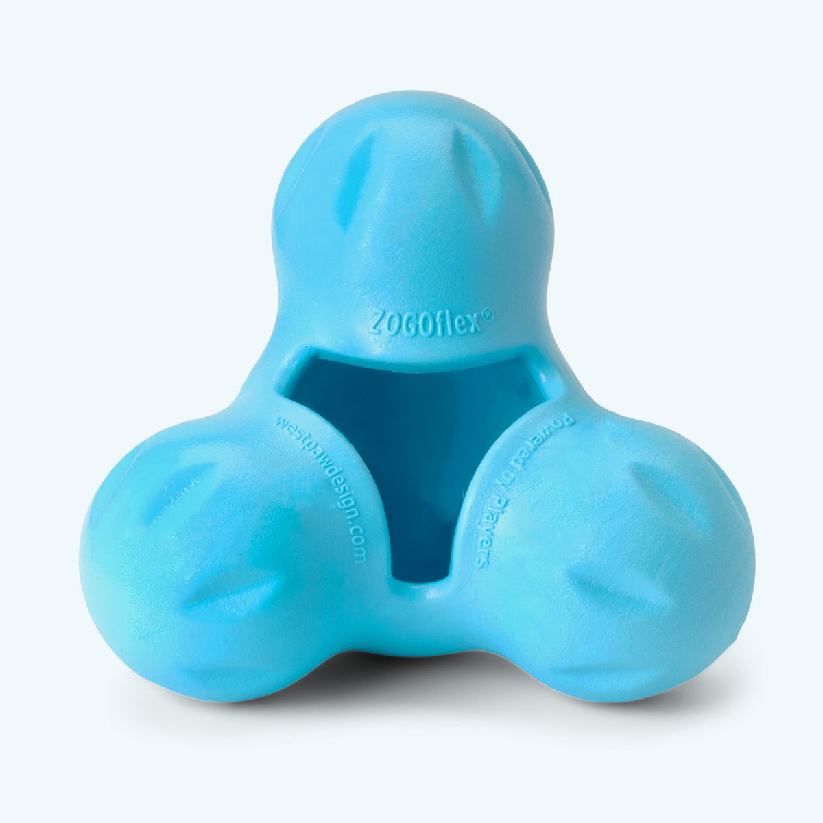 Blue three-lobed rubber treat toy, empty