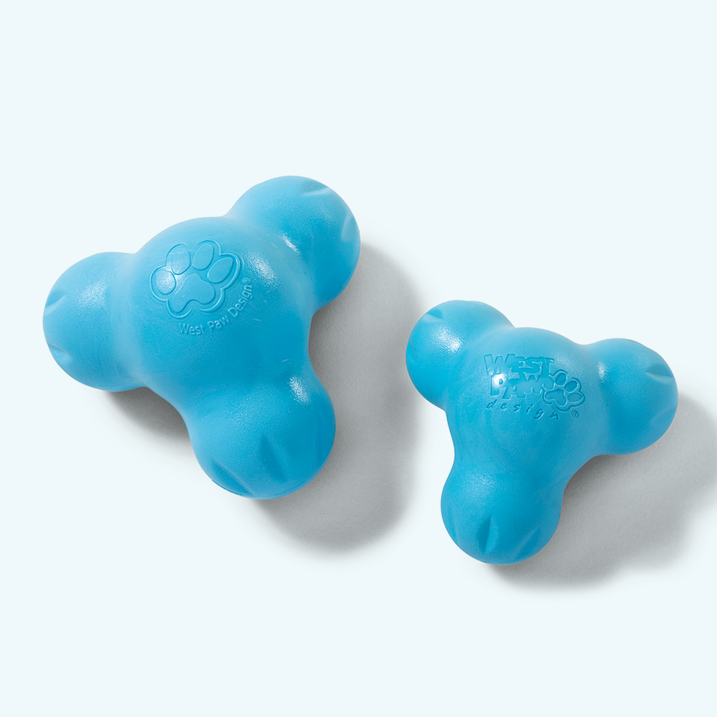 Two blue three-lobed treat toys in two sizes