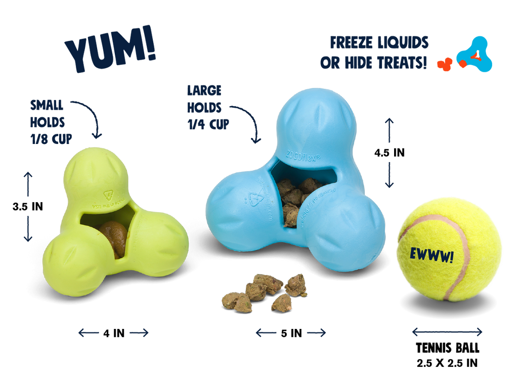 Lime and blue treat toys next to kibble and a tennis ball for size